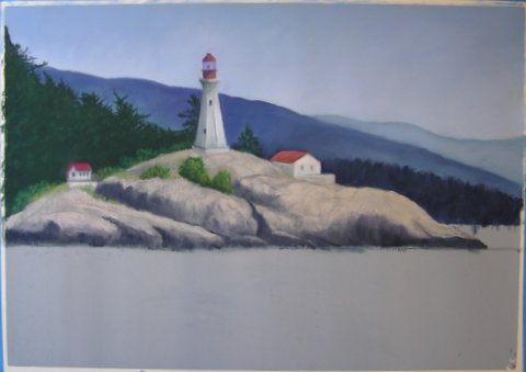 Lighthouse painting step 5: Rocks and Buildings