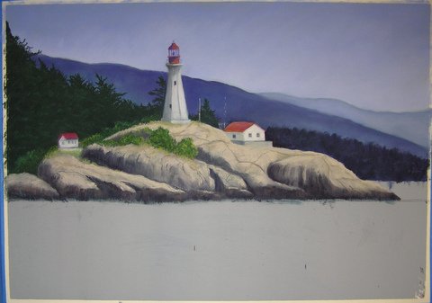 Lighthouse painting step 6: Rocks, Trees, Details