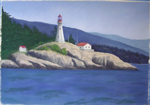 Lighthouse painting step 7: Refine rocks, trees, buildings; underpaint water