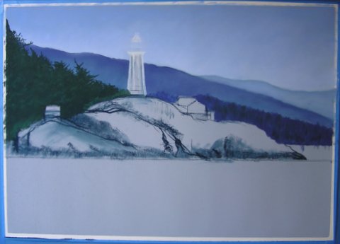 Lighthouse painting step 3: Sky, Hills, Trees.
